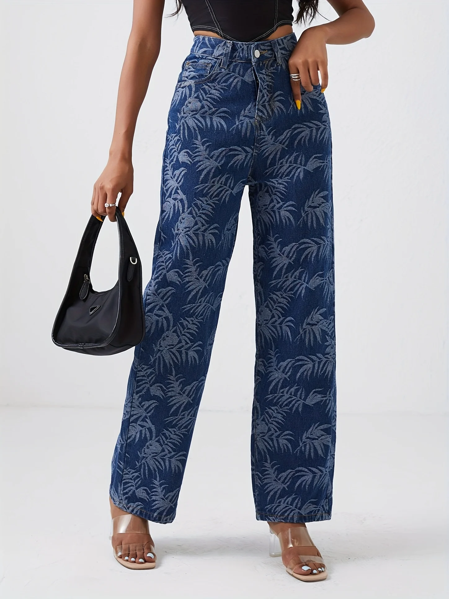 Leaf Print Chic Straight Jeans, Loose Fit Non-Stretch High Waist Denim Pants, Women's Denim Jeans & Clothing - Deanwangkt