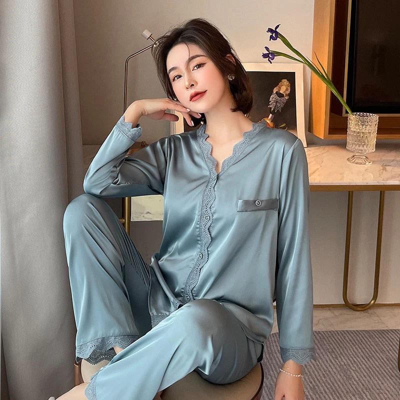 New Women's Pajamas Set Vintage V Neck Lace Sleepwear Silk Like Nightie Leisure Home Clothes Nightwear Pyjamas Femme - Deanwangkt