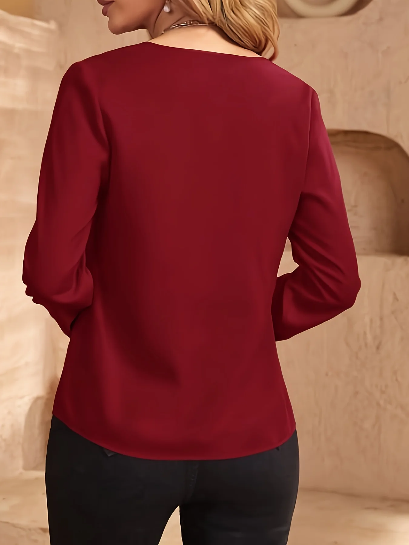 Solid V Neck Blouse, Casual Long Sleeve Simple Blouse, Women's Clothing - Deanwangkt