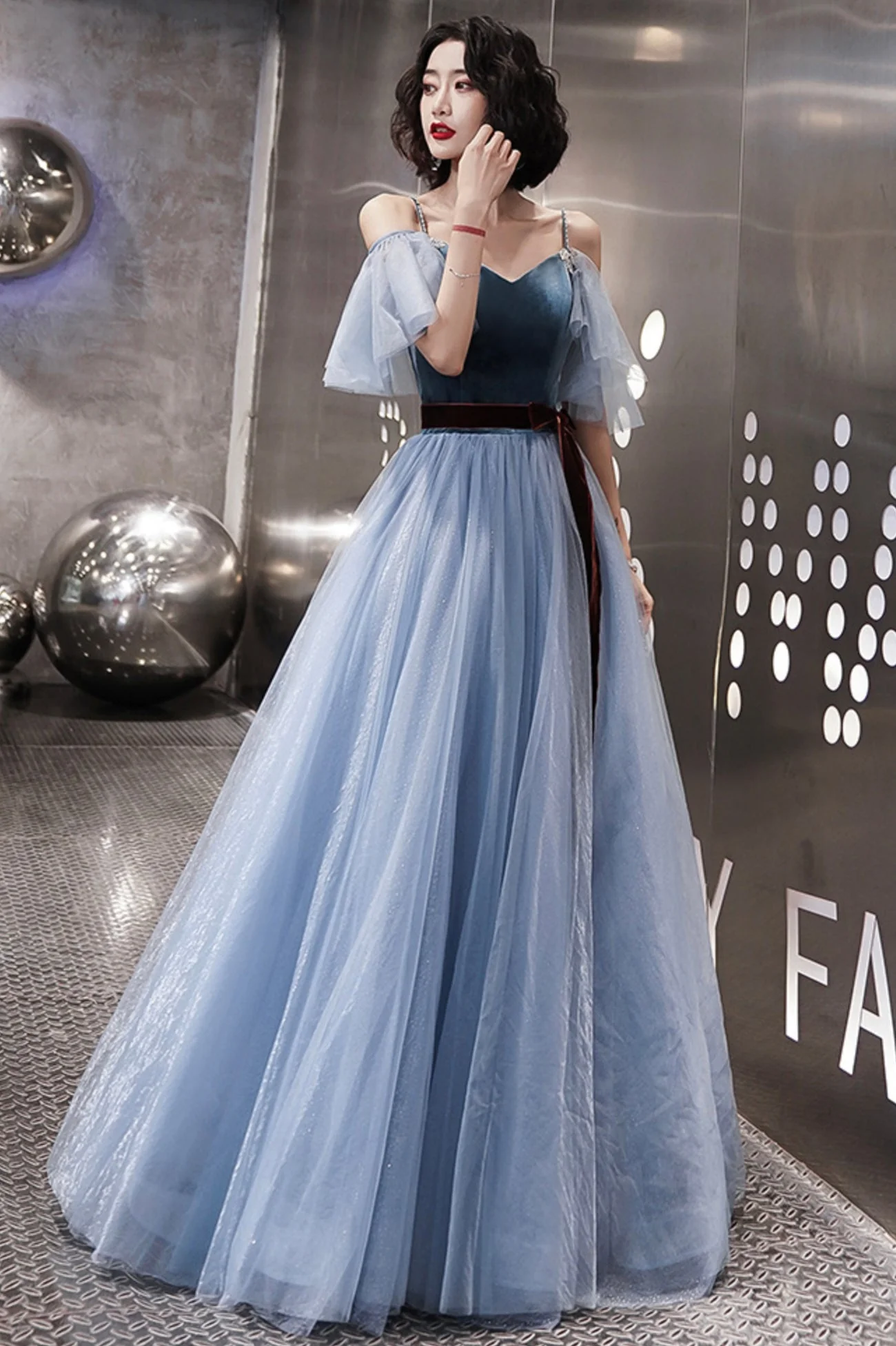 solvbao Blue Velvet Tulle Long Prom Dresses, A-Line Evening Dresses - Deanwangkt