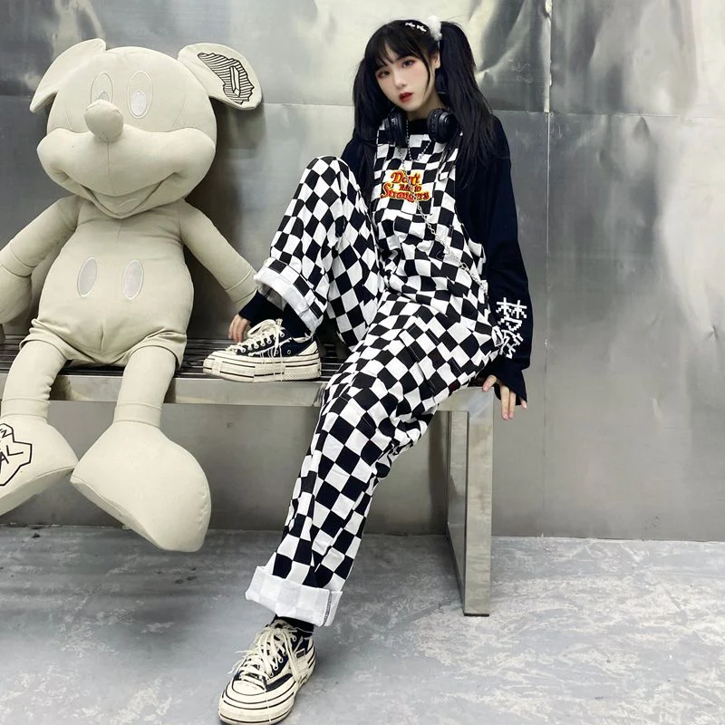 Street Hip-hop Harajuku Girl Cow Print Oneies For Women Black White Plaid Overalls Casual Jumpsuit Trousers Baggy Pants - Deanwangkt