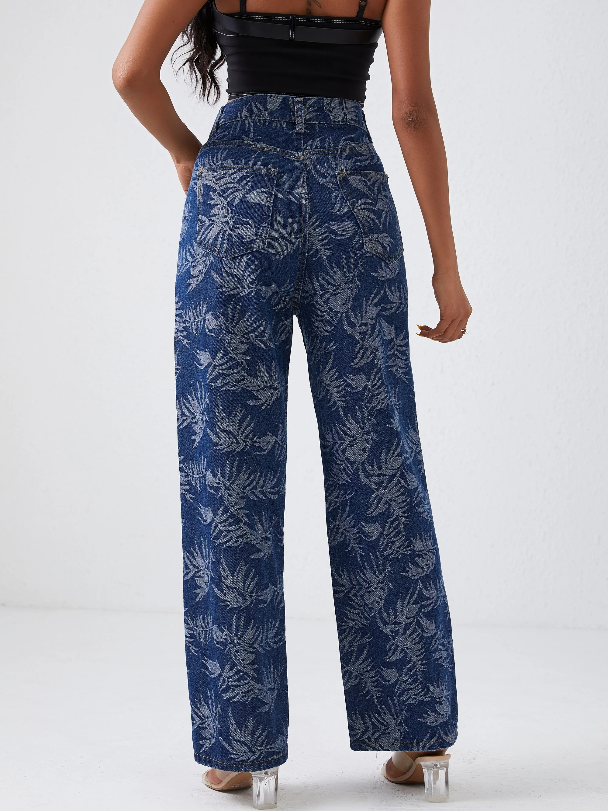 Leaf Print Chic Straight Jeans, Loose Fit Non-Stretch High Waist Denim Pants, Women's Denim Jeans & Clothing - Deanwangkt