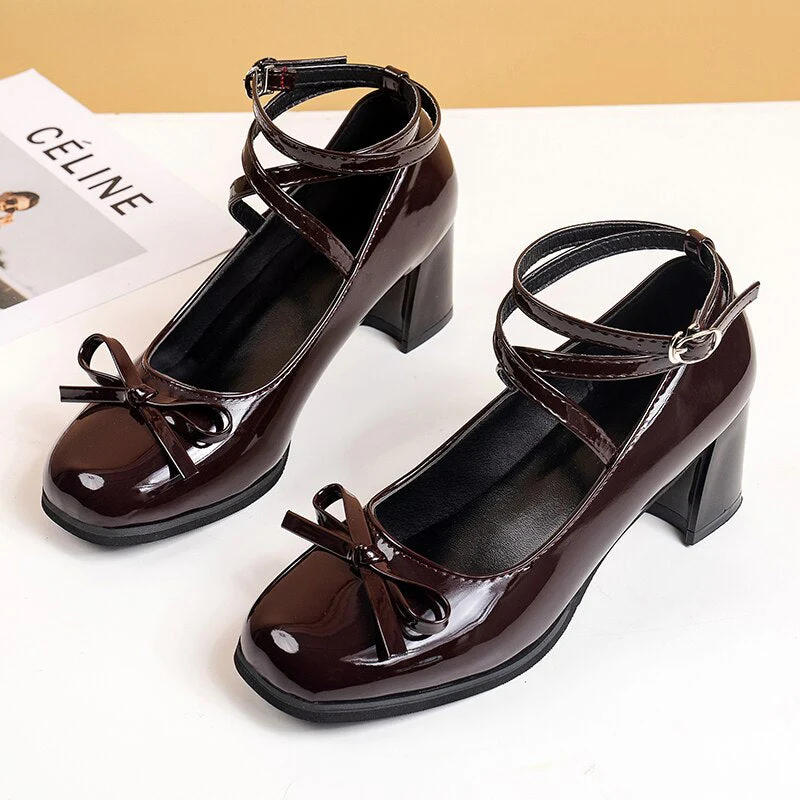 deanwangkt Black Retro Cross-Tie Pumps Casual  Summer Marry Janes Round Toe Shoes Ladies Lolita Sweet Fashion Shoes Woman Bow Design - Deanwangkt