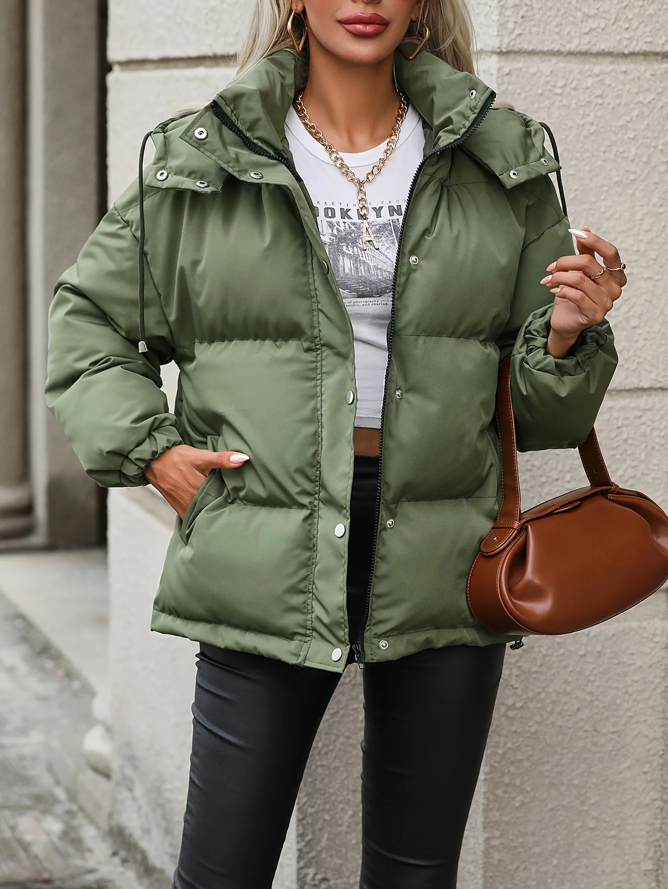 Drawstring Warm Hooded Coat, Casual Solid Zip Up Long Sleeve Outerwear, Women's Clothing - Deanwangkt