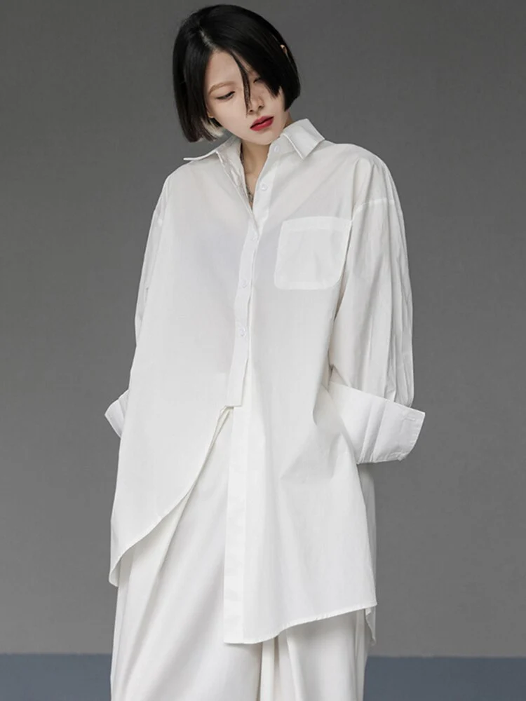 deanwangkt Women White Irregular Big Size Blouse New Lapel Long Sleeve Loose Fit Shirt Fashion Tide Spring Autumn  1DE1982 - Deanwangkt