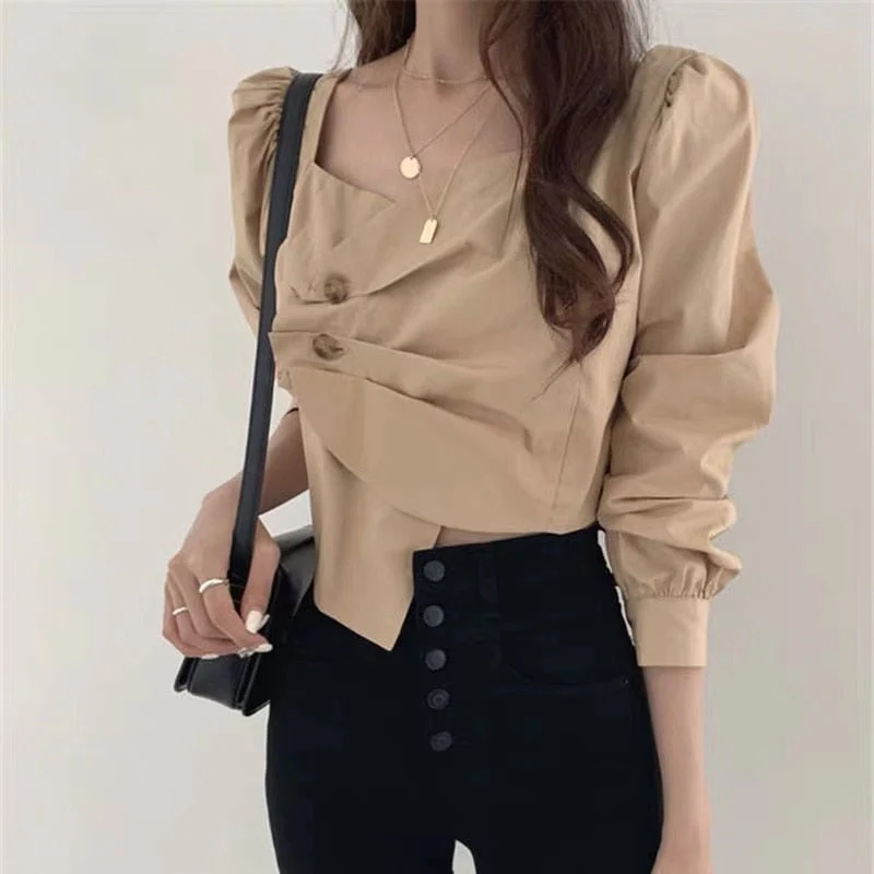 deanwangkt  New Spring White Shirt Women Blouses Long Sleeve Side Single-breasted Sweet Korean Style OL Sexy Lady Crop Tops - Deanwangkt