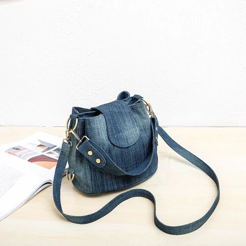 deanwangkt  Casual Denim Bucket bag for women Shoulder Crossbody Bag Multiple pockets  ladies handbag Luxury design Female big Totes blue - Deanwangkt