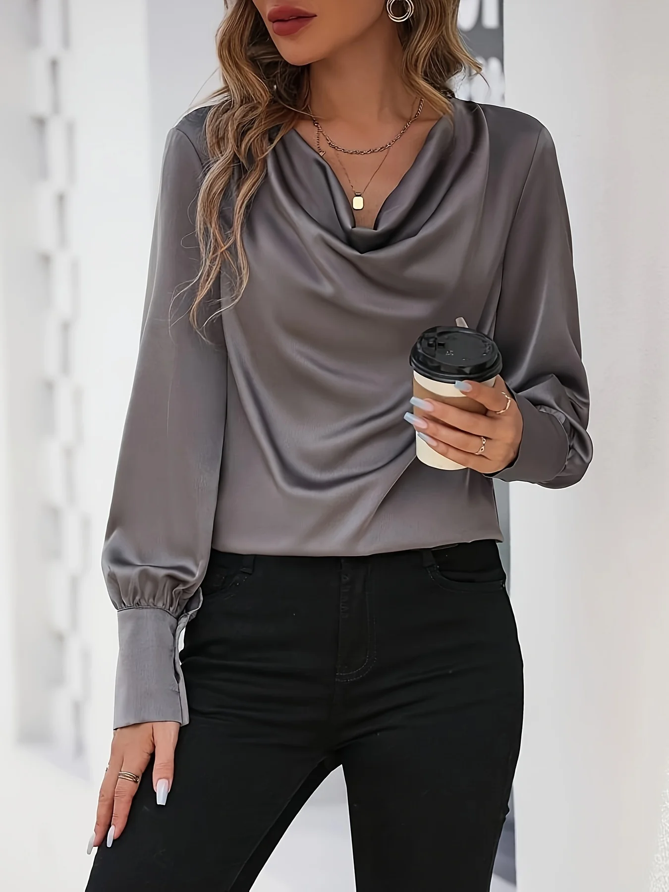 deanwangkt Solid Cowl Neck Blouse, Elegant Long Sleeve Blouse For Spring & Fall, Women's Clothing - Deanwangkt