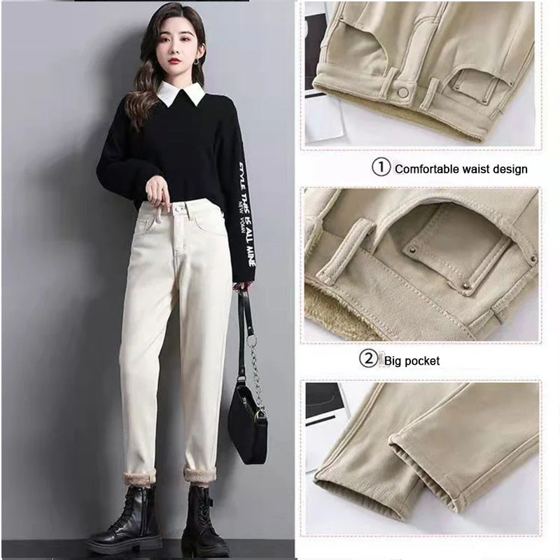 Winter fleece thick jeans women high-waist stretch slim straight Casual cargo Haren pants autumn women's fleece warm denim pants - Deanwangkt