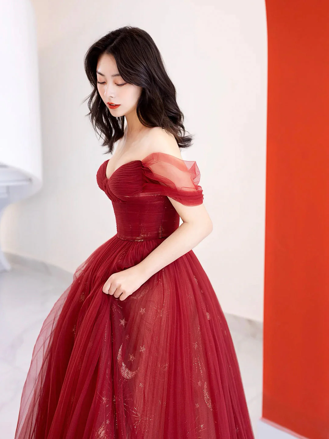 solvbao Burgundy Tulle Long Prom Dress, Beautiful A-Line Off the Shoulder Evening Party Dress - Deanwangkt