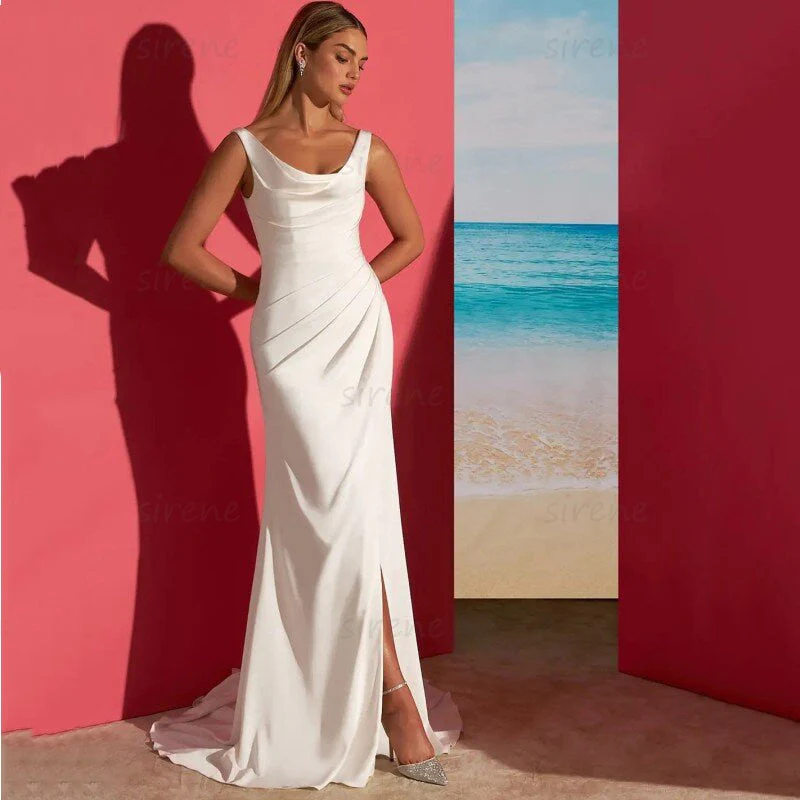 Joskaa Simple Mermaid Beach Wedding Dress White Satin O-Neck Spaghetti Straps Backless Pleat Bridal Gown Sweep Train - Deanwangkt
