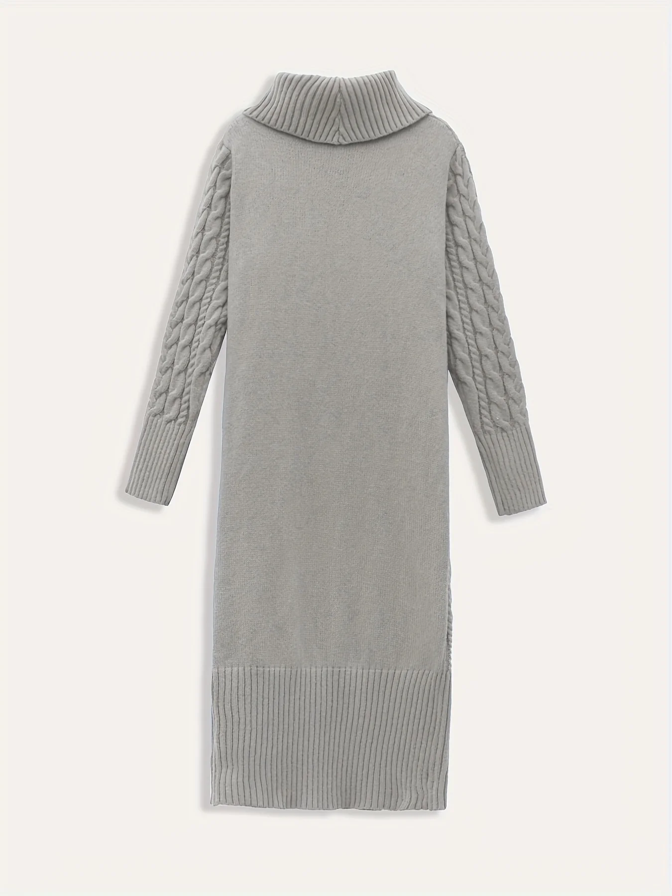 Solid Cable Knit Sweater Dress, Casual Turtleneck Long Sleeve Pocket Front Dress, Women's Clothing - Deanwangkt