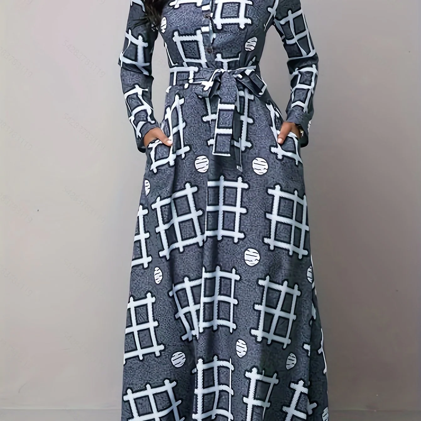 Plus Size Casual Dress, Women's Plus Geometric Print Button Up Long Sleeve Turn Down Collar Maxi Shirt Dress With Pockets - Deanwangkt