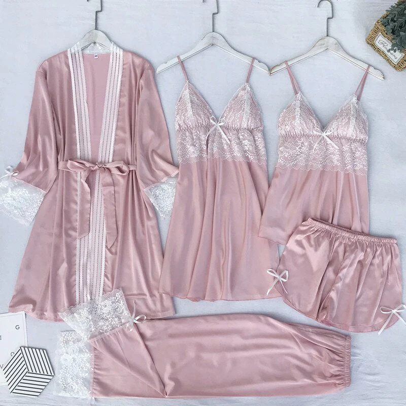5PCS Pajamas Set Silk Satin Womens Lace Nightwear Spring Strap Pyjamas Suit Female Lounge Sleepwear with Chest Pads Home Wear - Deanwangkt