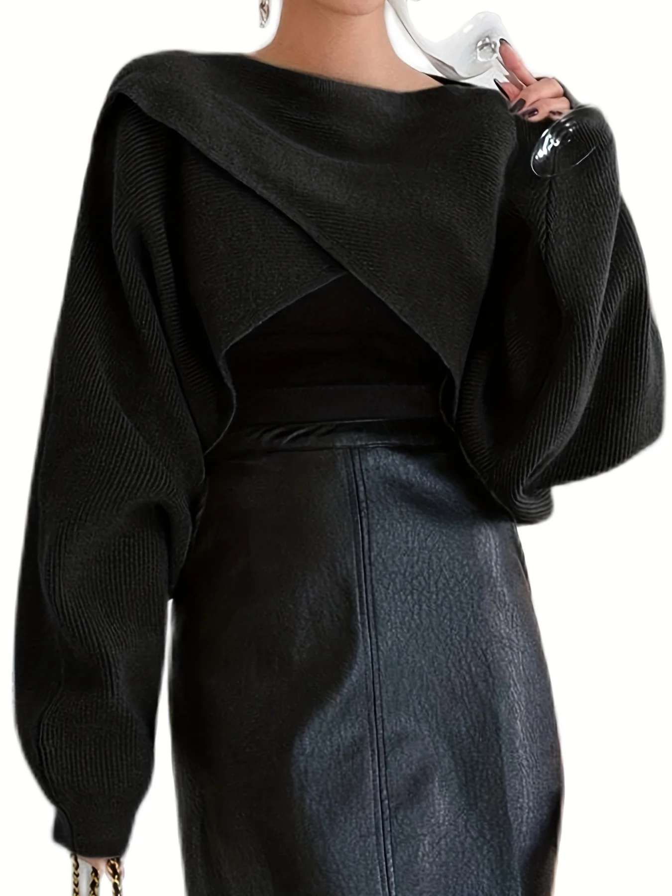 deanwangkt-1  Solid Cross Front Crop Sweater, Elegant Batwing Sleeve Sweater For Spring & Fall, Women's Clothing - Deanwangkt
