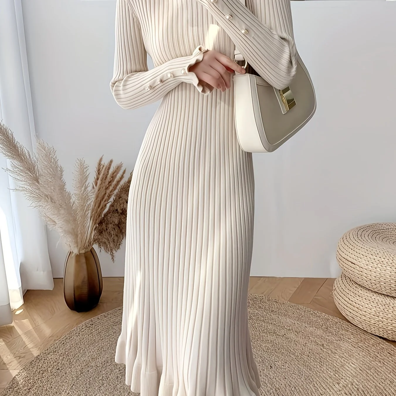 Ribbed Ruffle Hem Dress, Elegant Solid Long Sleeve Bodycon Dress, Women's Clothing - Deanwangkt