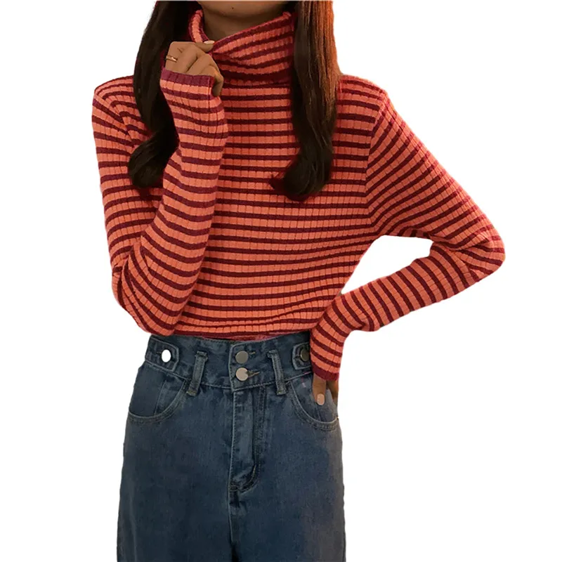 deanwangkt New Black Striped Sweater Women Knitted Pullover Autumn Long Sleeve Turtleneck Knitwear Korean Bottoming Shirt Stretch Jumpers - Deanwangkt