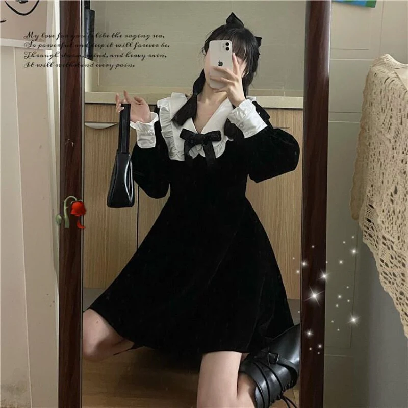 deanwangkt Kawaii Bow Dress Women Japanese Preppy Style Long Sleeve Mini Dresses Black Goth Vintage Lolita Outfits Sweet Streetwear - Deanwangkt