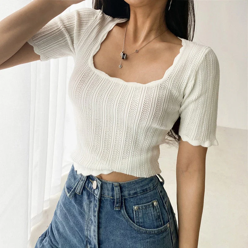 Graduation Gifts  Women Square Neck Pretty Stitch Short Sleeve Knit Top Pointelle Knit Top With Wave Trim tees short lace tops 4PC3 - Deanwangkt