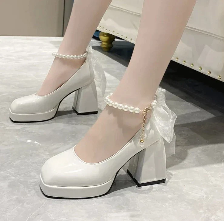 deanwangkt New Pearls Strap Square Heels Pumps Women Shoes Fashion Pu Leather Platform Mary Janes Woman High Heels Party Wedding Shoes - Deanwangkt