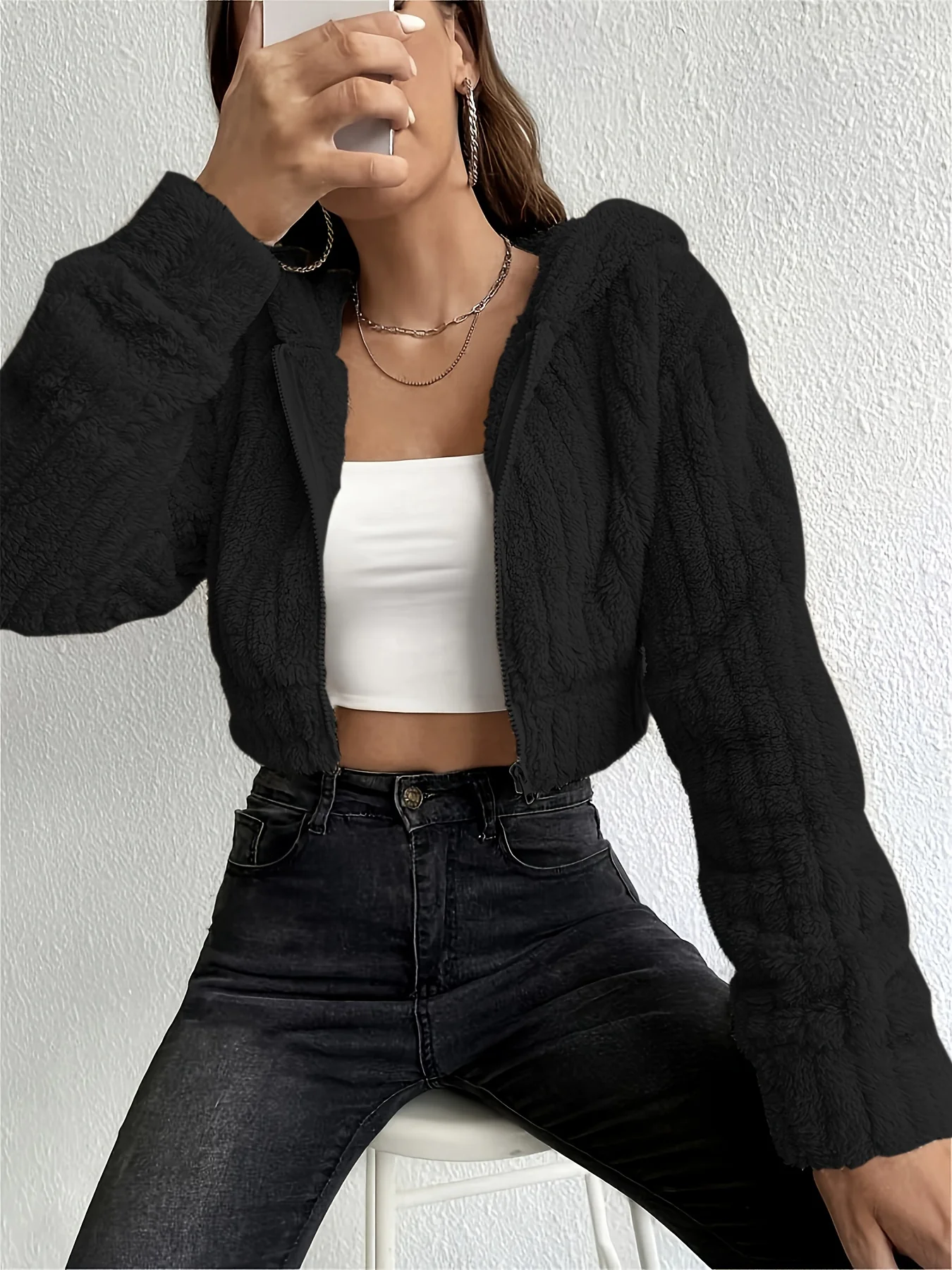 deanwangkt-1  Fuzzy Trim Fall & Winter Jacket, Casual Zip Up Hooded Long Sleeve Outerwear, Women's Clothing - Deanwangkt