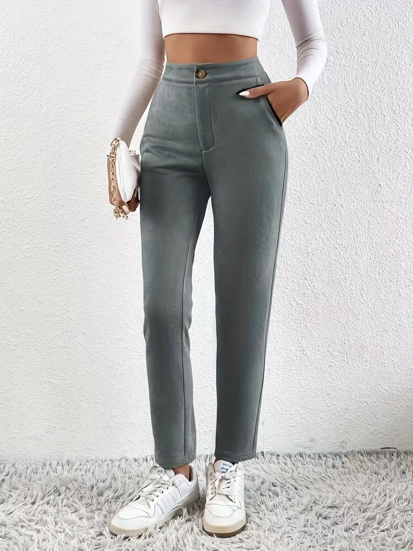 deanwangkt-1  Solid High Waist Pants, Casual Versatile Long Length Work Office Pants, Women's Clothing - Deanwangkt