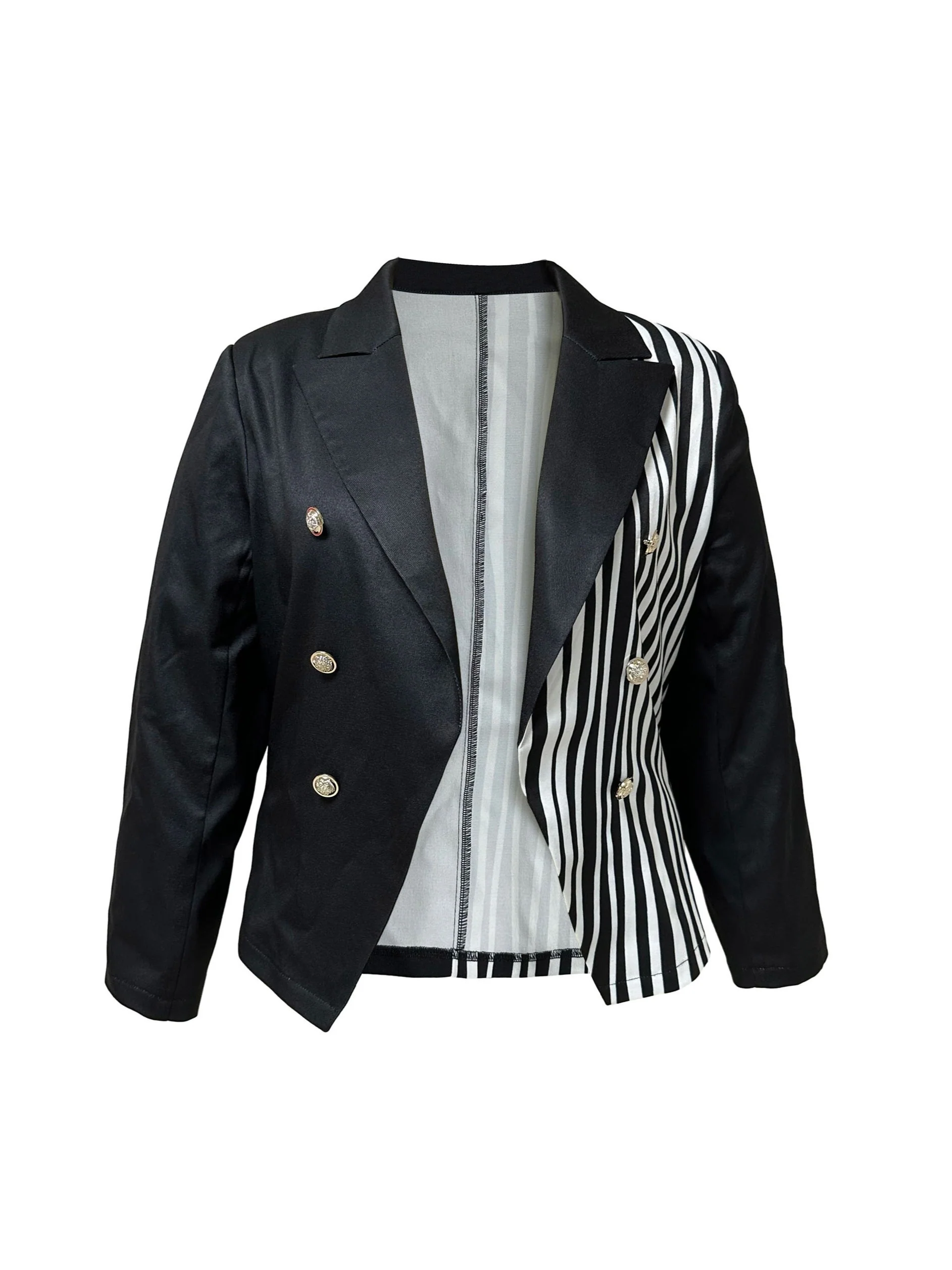 deanwangkt Plus Size Casual Blazer, Women's Plus Colorblock Stripe Print Button Decor Long Sleeve Lapel Collar Blazer - Deanwangkt