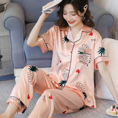 Newest Silk Pajamas for Women Sweet Leopard Pyjamas Woman Elegant Short Sleeve Long Pant Homewear Ladies Sleepwear Sets - Deanwangkt