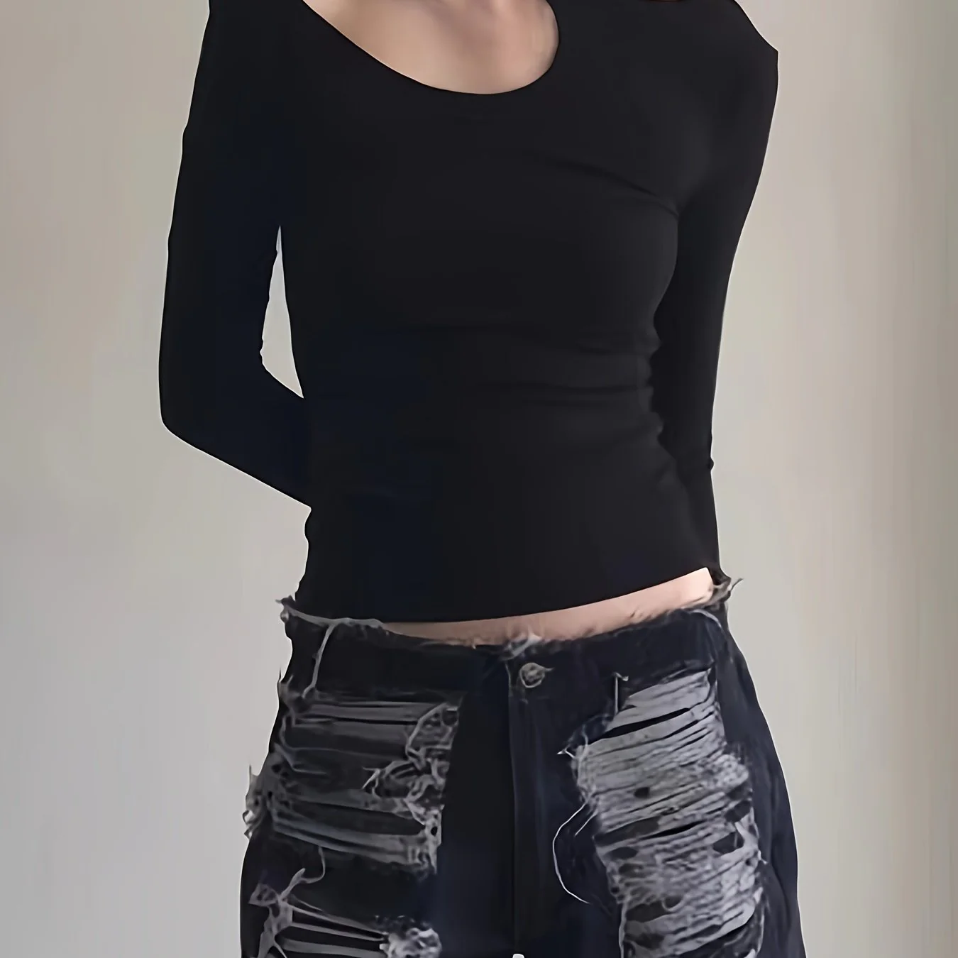 deanwangkt  Cutout Asymmetrical Neck T-Shirt, Casual Long Sleeve Top For Spring & Fall, Women's Clothing - Deanwangkt