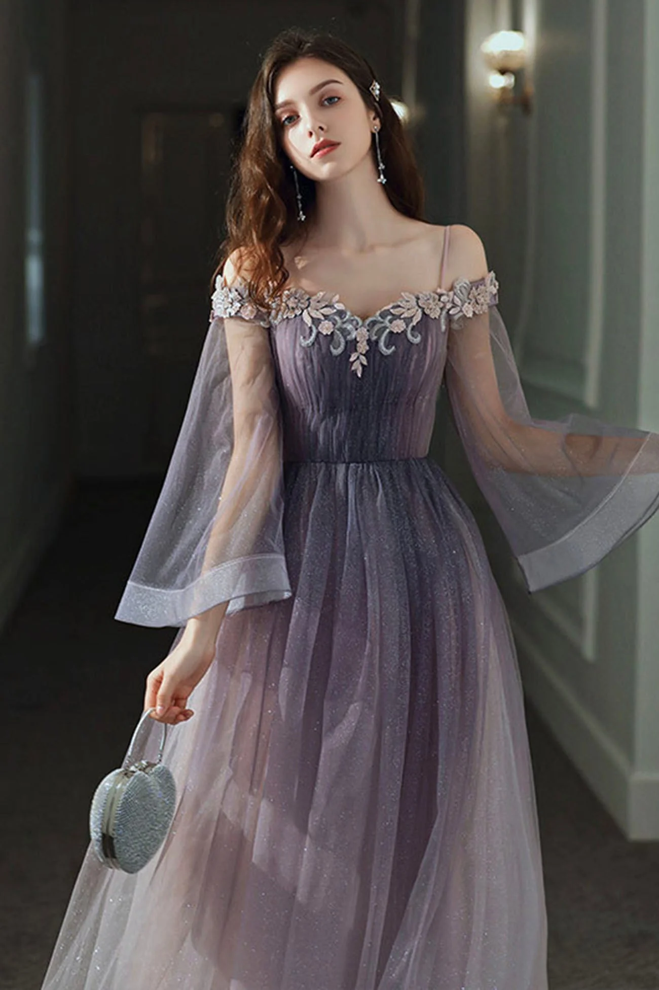 solvbao Purple Tulle Lace Long Prom Dress, Ombre Tulle Evening Dress - Deanwangkt