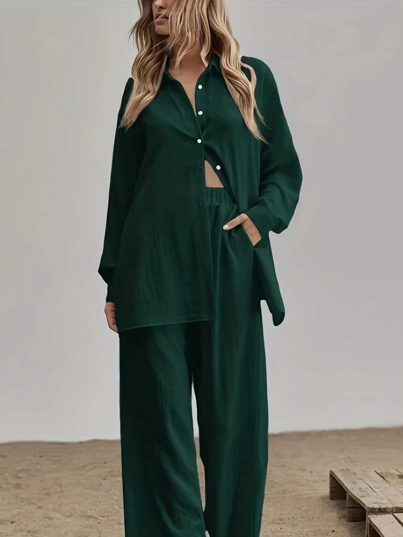 deanwangkt-1  Solid Casual Two-piece Set, Button Front Long Sleeve Shirt & Elastic Waist Pants Outfits, Women's Clothing - Deanwangkt