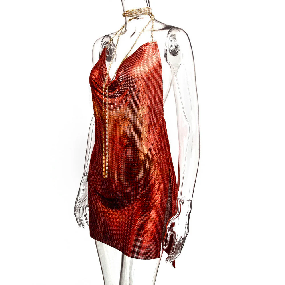 SRUBY Sexy Backless Metal Party Summer Dress Women Beach Night club Mini slip dress Glitter Sequin ladies Dresses  Christmas - Deanwangkt