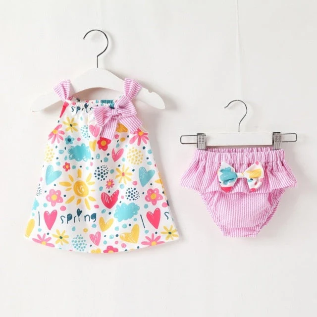 deanwangkt NEW Newborn Baby Girls Clothes Sleeveless Dress+Briefs 2PCS Outfits Set Striped Printed Cute Clothing Sets Summer Sunsuit 0-24M - Deanwangkt