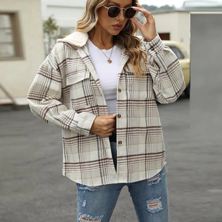 deanwangkt Autumn Plaid Hooded Shirts Women Casual Buttoned Jackets  Vintage Loose Coats Long Sleeve Lapel Tops Female Pockets Outerwears - Deanwangkt