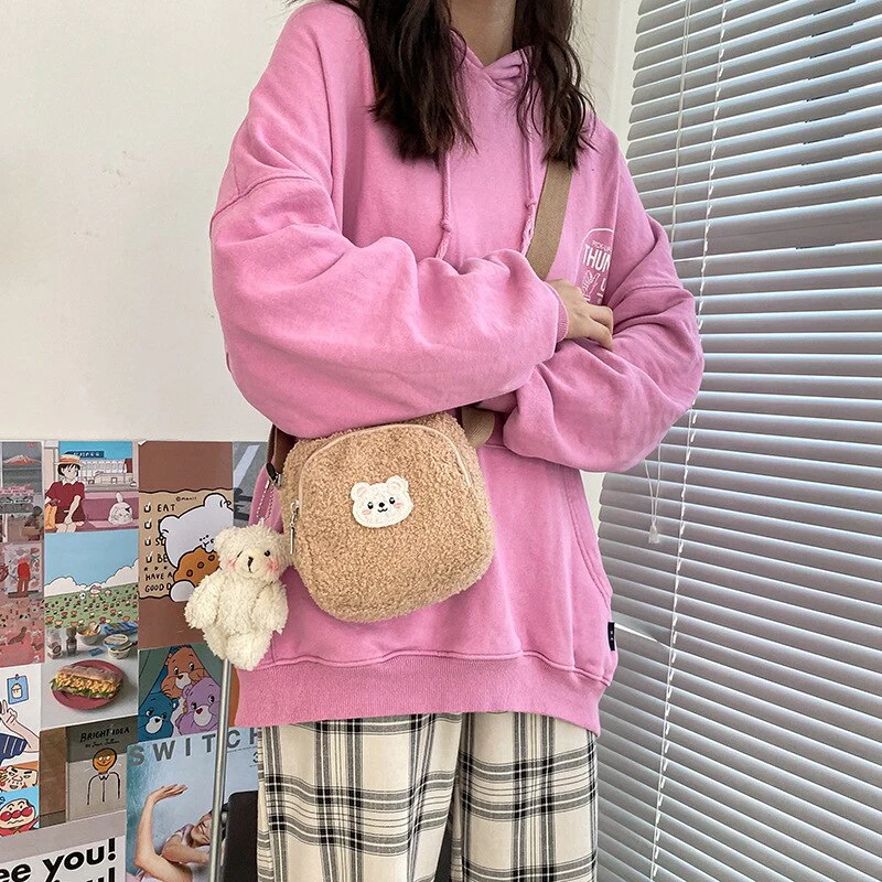 deanwangkt  Japanese Style Imitation Lamb Hair Bag For Women  Fashion Plush Small Crossbody Bags Flap Shoulder Bag Women Phone Bag Bolsa - Deanwangkt