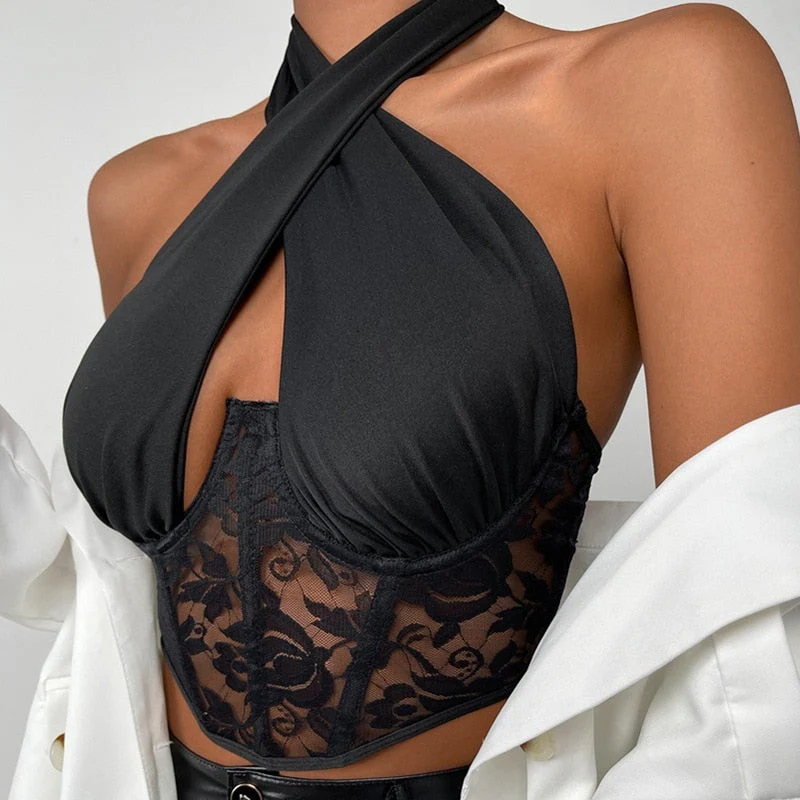 deanwangkt Sexy Lace Spliced Cross Halter Bustiers Crop Tops Women Cut Out Plunge V Tank Tops Party Club Summer Backless Vest - Deanwangkt