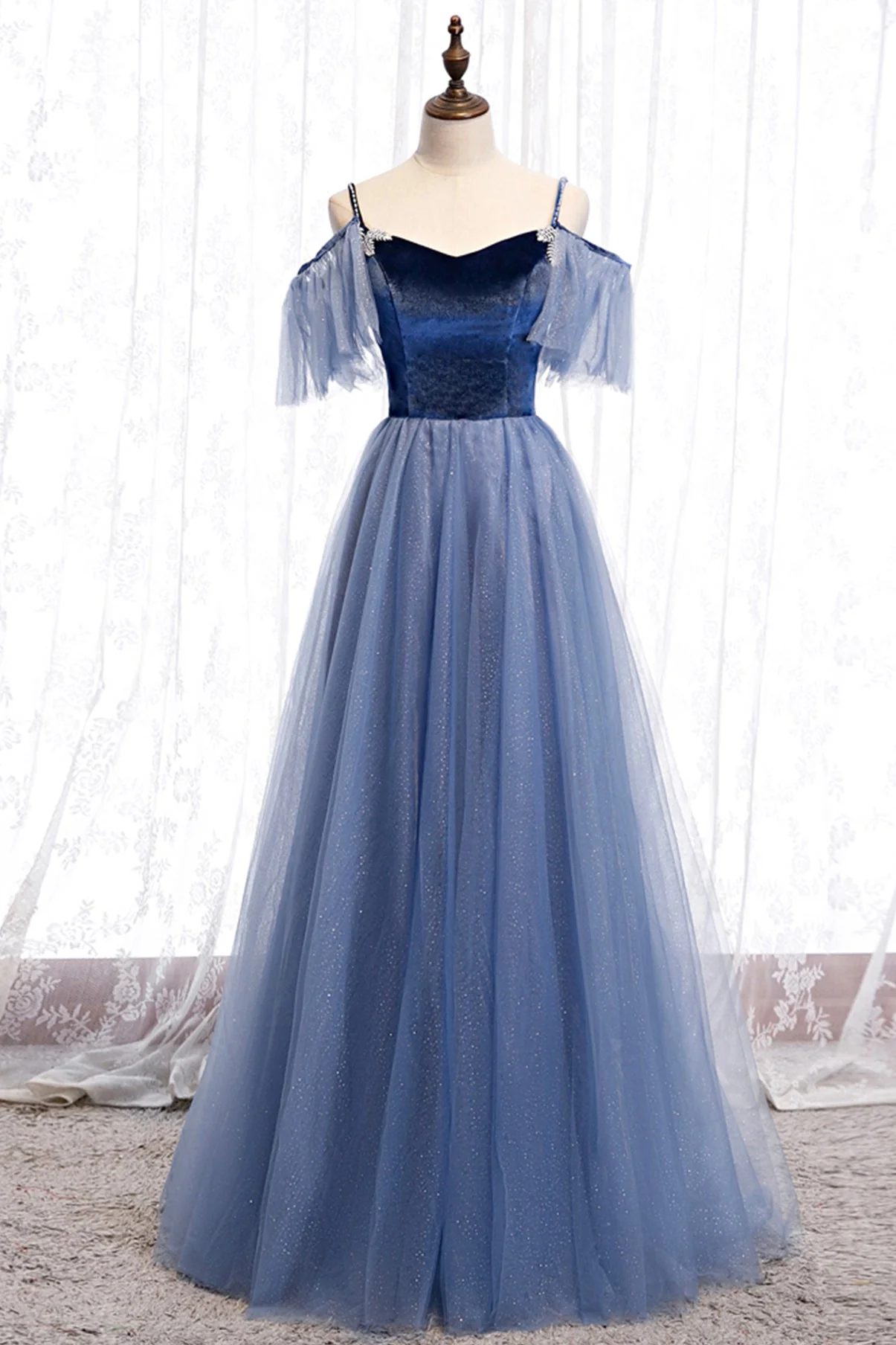 solvbao Blue Velvet Tulle Long Prom Dresses, Blue A-Line Evening Dresses - Deanwangkt