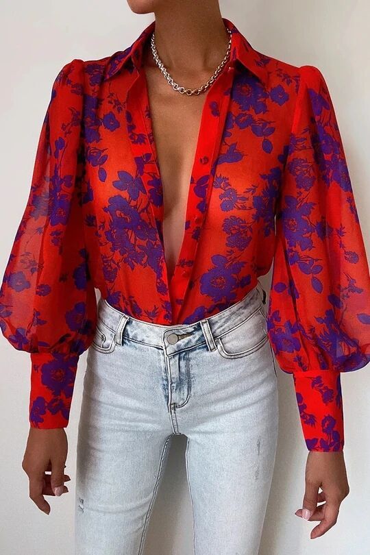 deanwangkt Spring Fashion Shirt Women's Blouses Elegant V-neck Print Puff Sleeve Office Shirts Female Summer New Formal Ladies Top - Deanwangkt