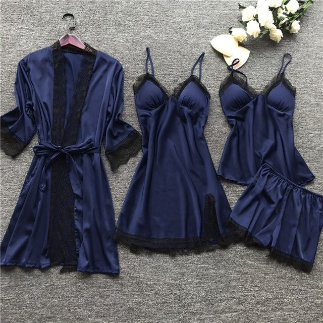 deanwangkt 4 Pieces  Women Pajamas Sets Satin Sleepwear Silk Nightwear Pyjama Soild Strap Lace Sleep Lounge Pijama With Chest Pads - Deanwangkt