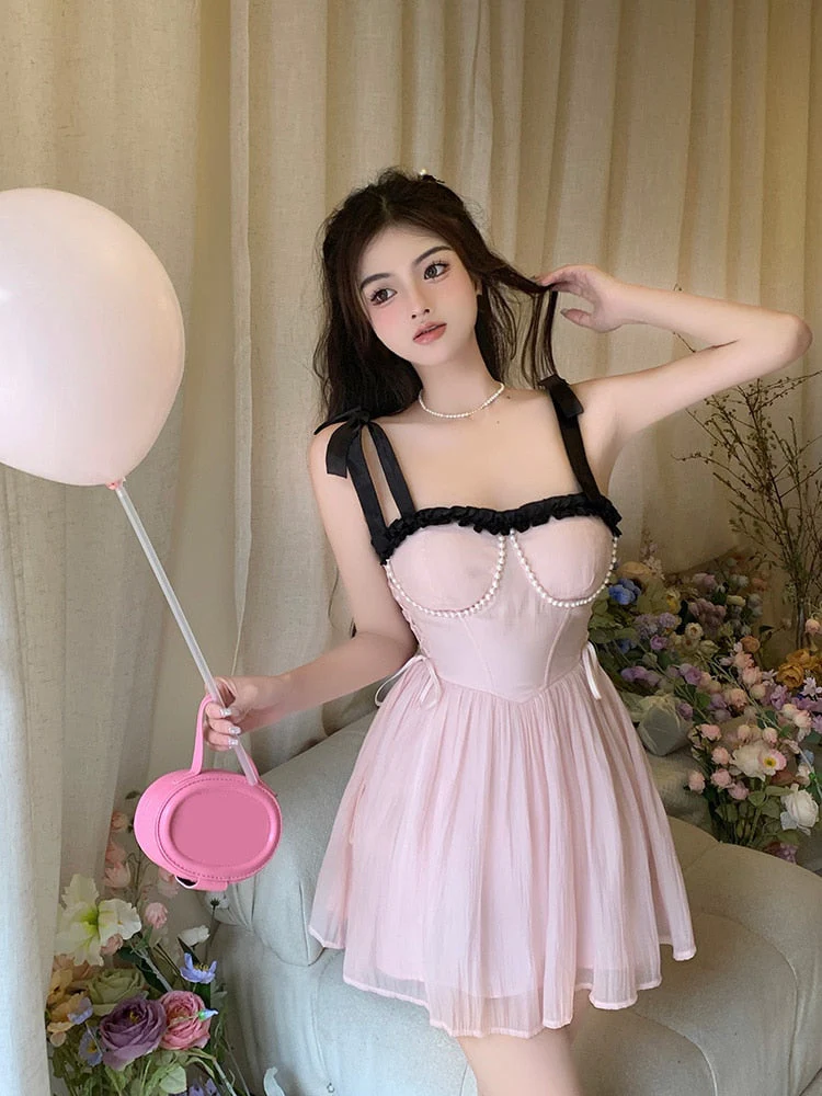 deanwangkt New Summer Dress French Style Princess Straps Dress High Waist Thin Pink Sweet Short Fairy Dress Female Sundress Bestidos - Deanwangkt