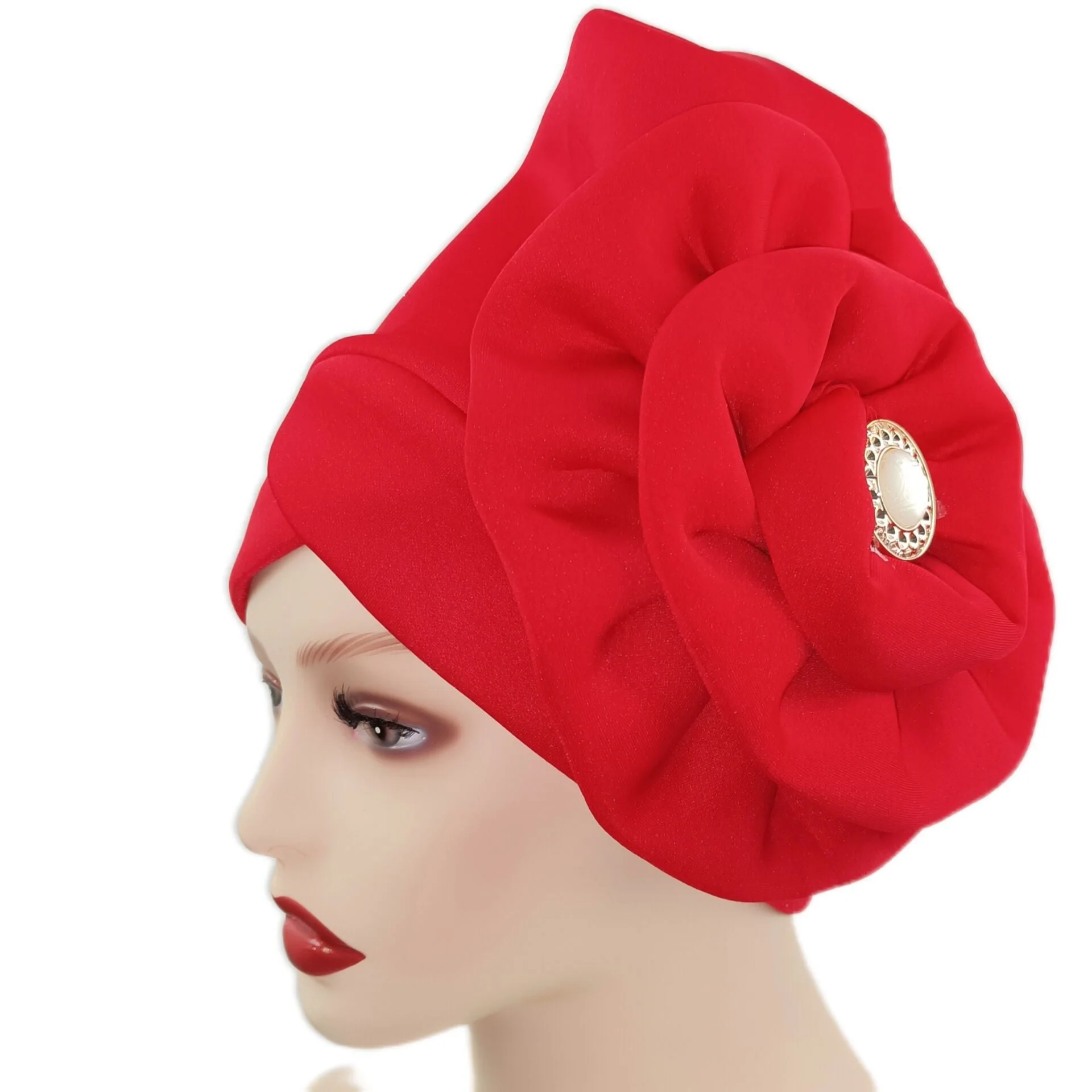 deanwangkt Solid African turban big flower design headtie cap for fashion women headwrap with badge - Deanwangkt