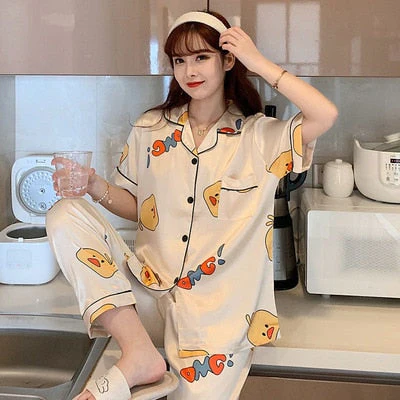 Newest Silk Pajamas for Women Sweet Leopard Pyjamas Woman Elegant Short Sleeve Long Pant Homewear Ladies Sleepwear Sets - Deanwangkt