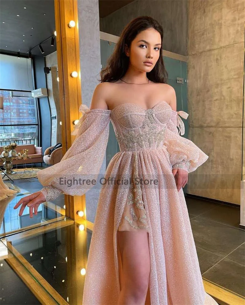 deanwangkt Pink Wedding Dresses  Puff Long Sleeve Bride Dress Split Side A Line Sexy Beach Wedding Gowns Robe de Mariee - Deanwangkt