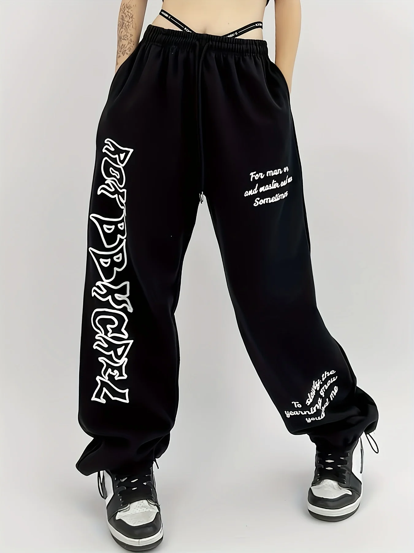 deanwangkt-1  Letter Print Casual Sporty Pants, Loose Fit Drawstring Elastic Waist Sports Trousers, Women's Activewear - Deanwangkt