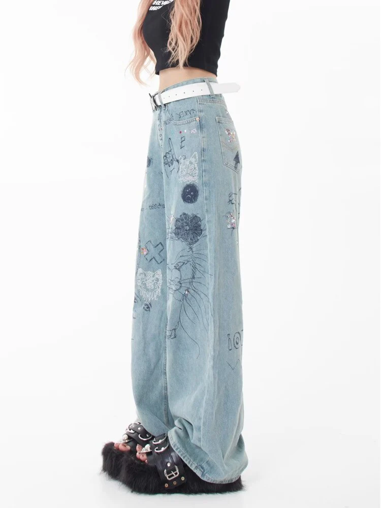 deanwangkt Spring and Autumn Season New Small Market Design Sense Print Graffiti Straight Barrel Personalized Jeans Women's Jeans - Deanwangkt