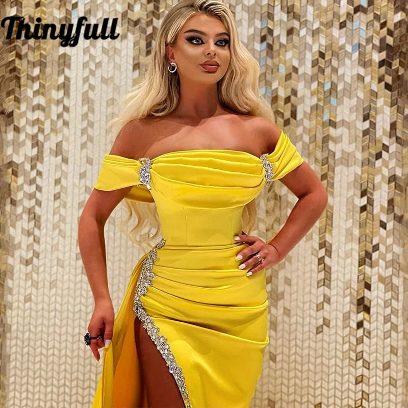 Sexy Prom Dresses Off Shoulder Beading High Split Evening Dress Saudi Arabia Mermaid Fashion  Cocktail Party Gowns - Deanwangkt