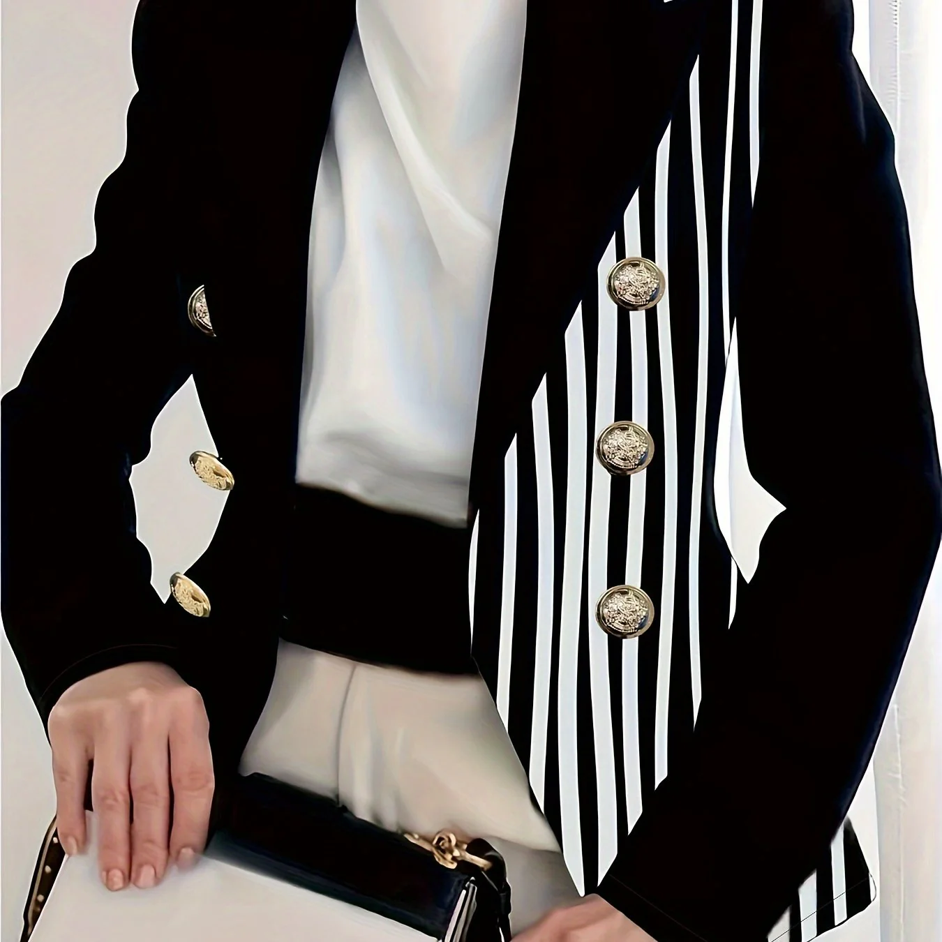 deanwangkt Plus Size Casual Blazer, Women's Plus Colorblock Stripe Print Button Decor Long Sleeve Lapel Collar Blazer - Deanwangkt