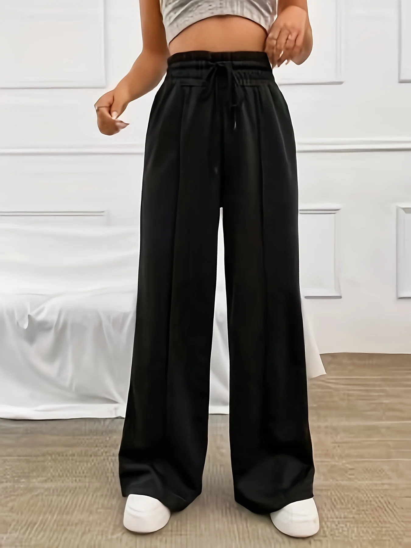 Solid Wide Leg Pants, Casual Tie Waist Long Pants For Spring & Summer, Women's Clothing - Deanwangkt