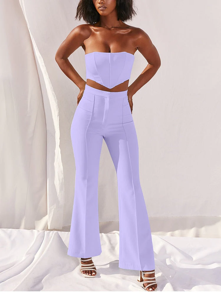 deanwangkt  Boned Corset Crop Top Two Piece Pants Set Women Strapless High Waist Flare Trousers 2 Piece Set Summer Long Suit Tracksuit - Deanwangkt