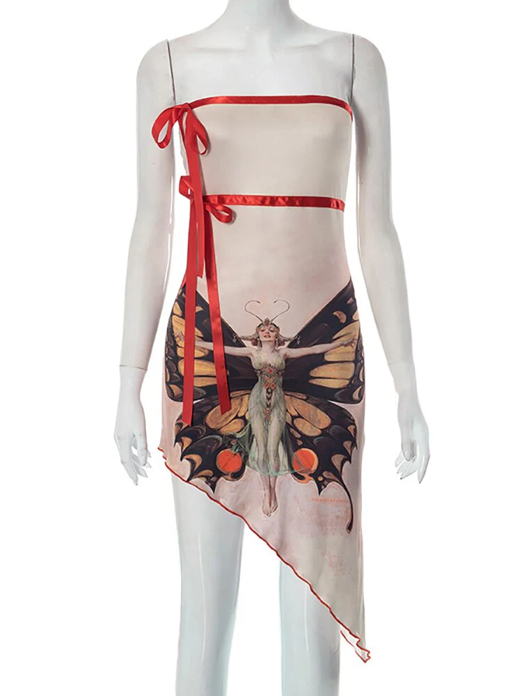 Joskka Strapless Print Butterfly Women Dress Apricot Irregular Lace Up Mini Dress Femme Summer Slim Elegant Party Clubwear - Deanwangkt